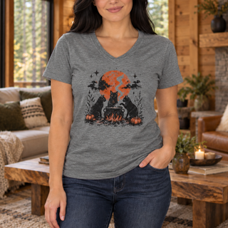 Cat Coven Cauldron Moon V-Neck tee in Deep Heather, black cats and cauldron Halloween design
