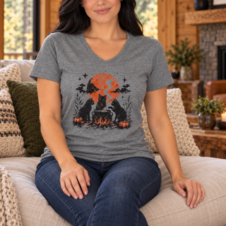 Deep Heather witchy black cat V-neck tee, alternate view