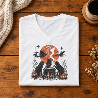 White Cat Coven Cauldron V-Neck tee, moonlit cauldron graphic detail