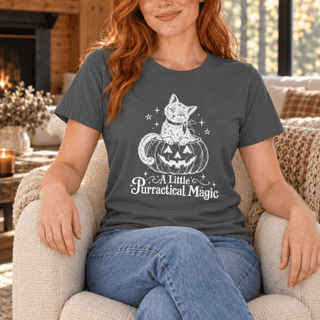 "A Little Purractical Magic" Cat Tee — Pumpkin Kitten Halloween Shirt - The Mystical Moon