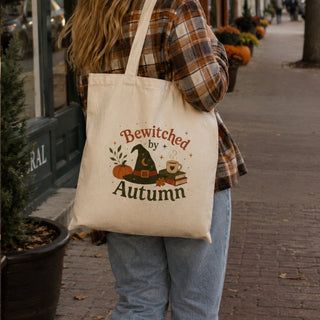 Bewitched by Autumn Canvas Tote – Fall Witch Pumpkin Coffee Shopper - The Mystical Moon