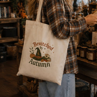 Bewitched by Autumn Canvas Tote – Fall Witch Pumpkin Coffee Shopper - The Mystical Moon
