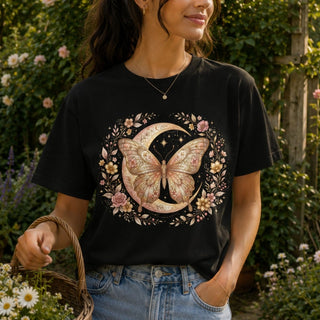 Butterfly Moon Floral T-Shirt — Boho Vintage Moth Tee - The Mystical Moon