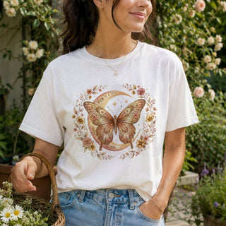 Butterfly Moon Floral T-Shirt — Boho Vintage Moth Tee - The Mystical Moon