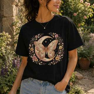 Butterfly Moon Floral T-Shirt — Boho Vintage Moth Tee - The Mystical Moon