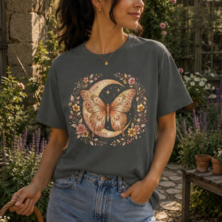 Butterfly Moon Floral T-Shirt — Boho Vintage Moth Tee - The Mystical Moon