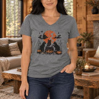 Cat Coven Cauldron Moon V-Neck — Witchy Black Cat Halloween Tee - The Mystical Moon