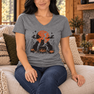Cat Coven Cauldron Moon V-Neck — Witchy Black Cat Halloween Tee - The Mystical Moon