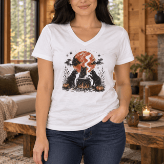 Cat Coven Cauldron Moon V-Neck — Witchy Black Cat Halloween Tee - The Mystical Moon