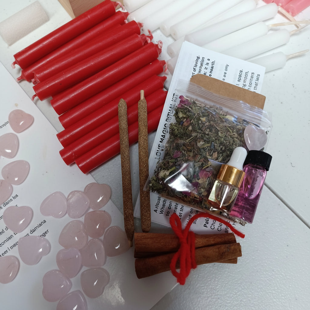 Assorted items including red candles, cinnamon sticks, and small bottles on a white surface.