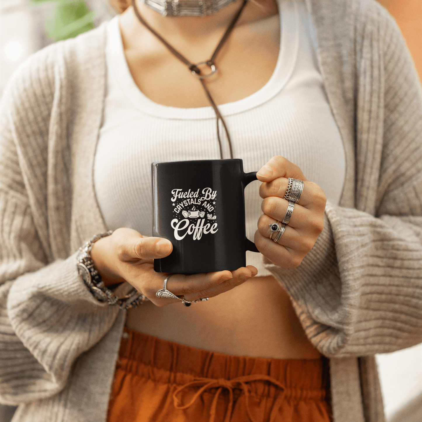 Fueled By Crystals and Coffee Black Mug 15oz - The Mystical Moon Online Store