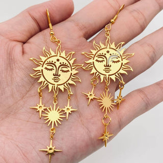 Golden Sun Face Star Pendant Earring - MS - The Mystical Moon