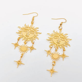 Golden Sun Face Star Pendant Earring - MS - The Mystical Moon