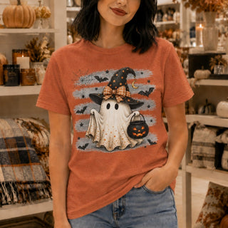 Halloween Ghost Tee — Cute Little Ghost with Witch Hat & Jack-O'-Lantern - The Mystical Moon