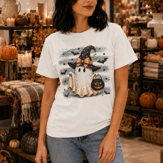 Halloween Ghost Tee — Cute Little Ghost with Witch Hat & Jack-O'-Lantern - The Mystical Moon