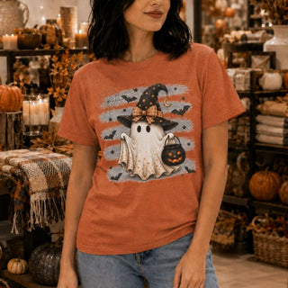 Halloween Ghost Tee — Cute Little Ghost with Witch Hat & Jack-O'-Lantern - The Mystical Moon