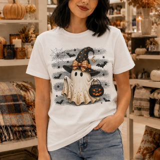 Halloween Ghost Tee — Cute Little Ghost with Witch Hat & Jack-O'-Lantern - The Mystical Moon