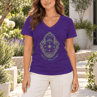 Hamsa Hand Evil Eye V-Neck — Protect Your Energy Spiritual Tee - The Mystical Moon