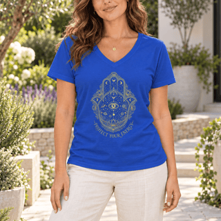 Hamsa Hand Evil Eye V-Neck — Protect Your Energy Spiritual Tee - The Mystical Moon