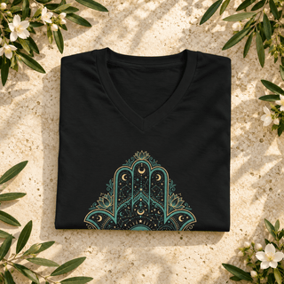 Hamsa Hand Evil Eye V-Neck — Protect Your Energy Spiritual Tee - The Mystical Moon