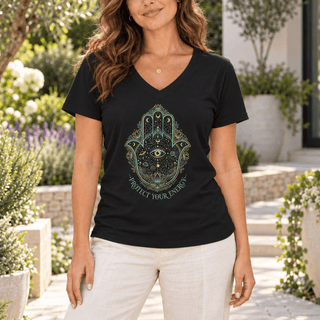 Hamsa Hand Evil Eye V-Neck — Protect Your Energy Spiritual Tee - The Mystical Moon