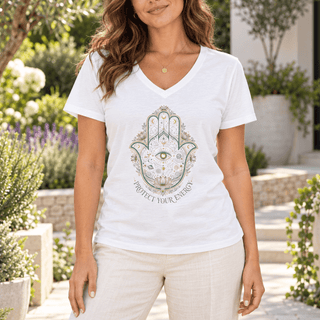 Hamsa Hand Evil Eye V-Neck — Protect Your Energy Spiritual Tee - The Mystical Moon