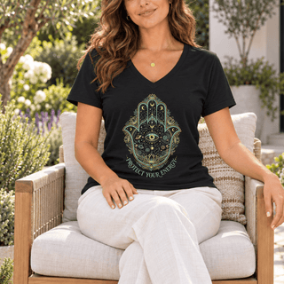 Hamsa Hand Evil Eye V-Neck — Protect Your Energy Spiritual Tee - The Mystical Moon
