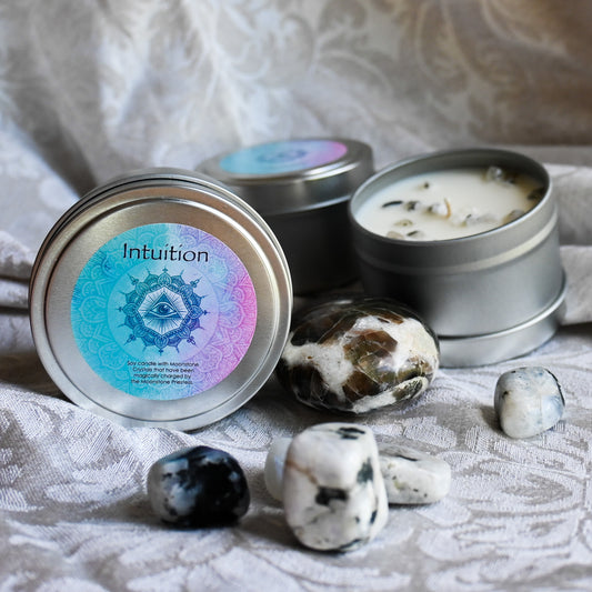 Intuition Magical Candle with Moonstone Crystals Travel Tin