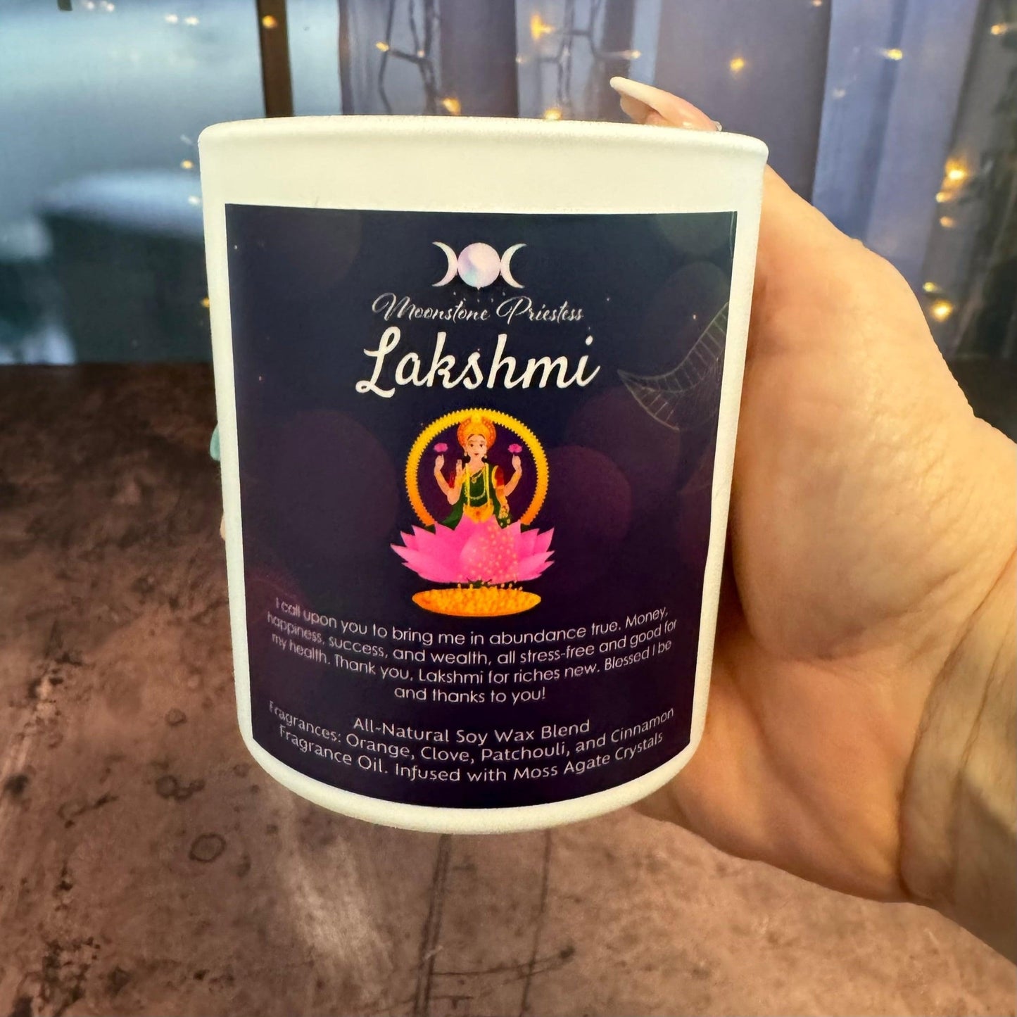 Lakshmi Candle with Moss Agate Crystals 8oz - The Mystical Moon Online Store