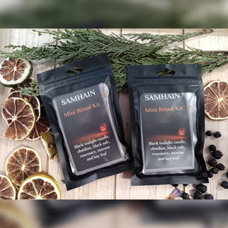 Samhain Mini Ritual Kit pouches with botanicals