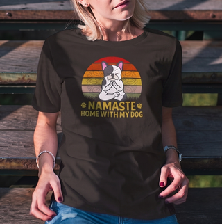 Black heather Namaste Home With My Dog t-shirt worn by a person, meditating French bulldog under retro sunset stripes