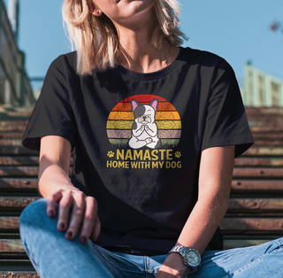 Dark grey heather Namaste Home With My Dog t-shirt worn by a person, meditating French bulldog under retro sunset stripes