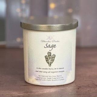 Sage Candle with Clear Quartz Crystals – 8oz - The Mystical Moon Online Store