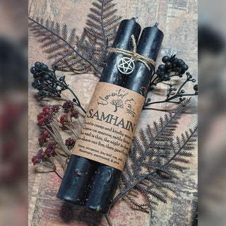 Samhain ritual black taper candles with kraft label