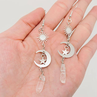 Silver Moon Stars White Crystal Pendant Earrings - MS - The Mystical Moon