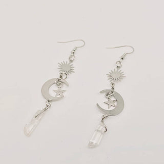 Silver Moon Stars White Crystal Pendant Earrings - MS - The Mystical Moon