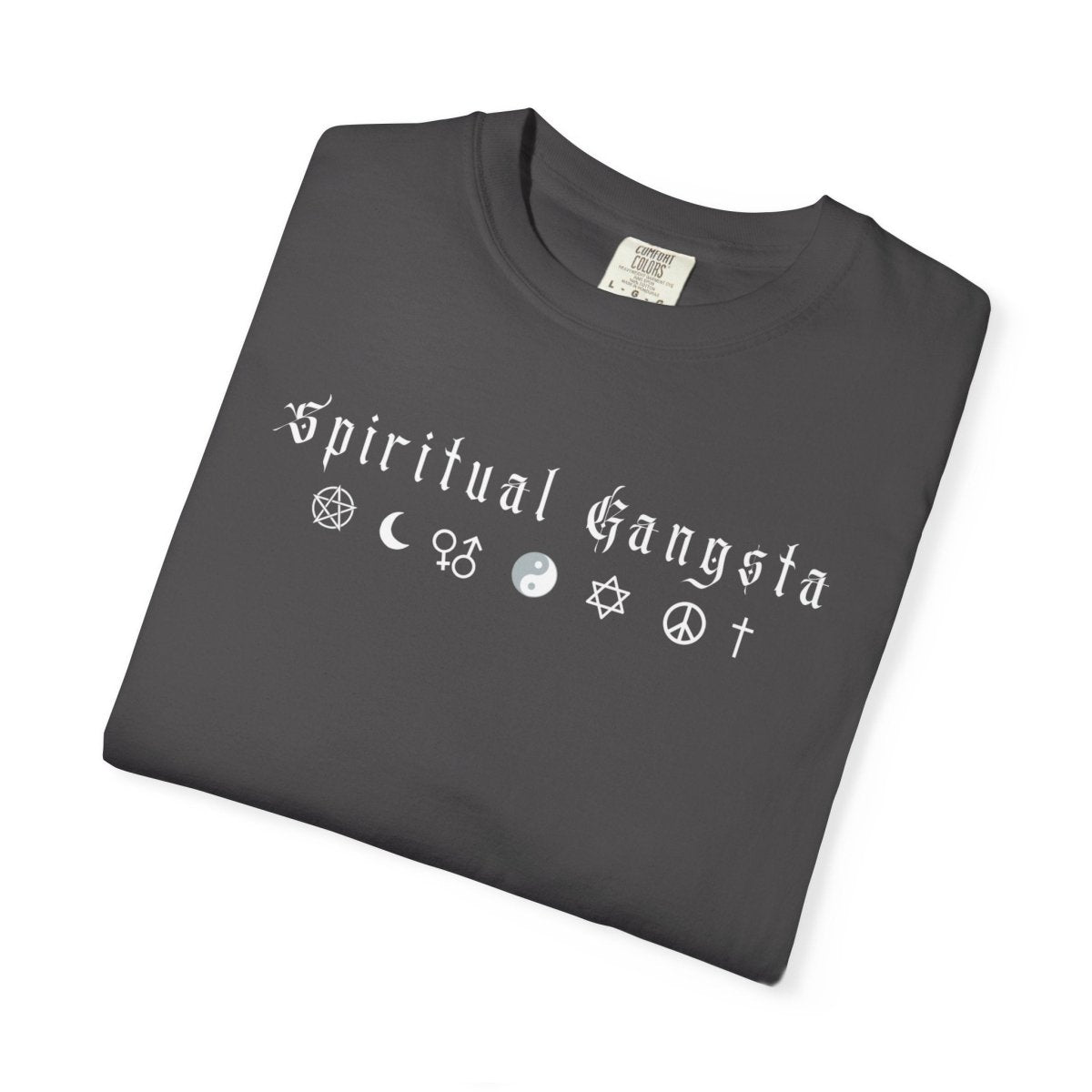 Spiritual Gangsta Tee — Earthy Brown Graphic T‑Shirt with Faith & Astrology Icons - The Mystical Moon Online Store