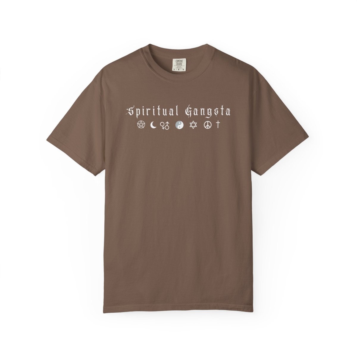 Spiritual Gangsta Tee — Earthy Brown Graphic T‑Shirt with Faith & Astrology Icons - The Mystical Moon Online Store