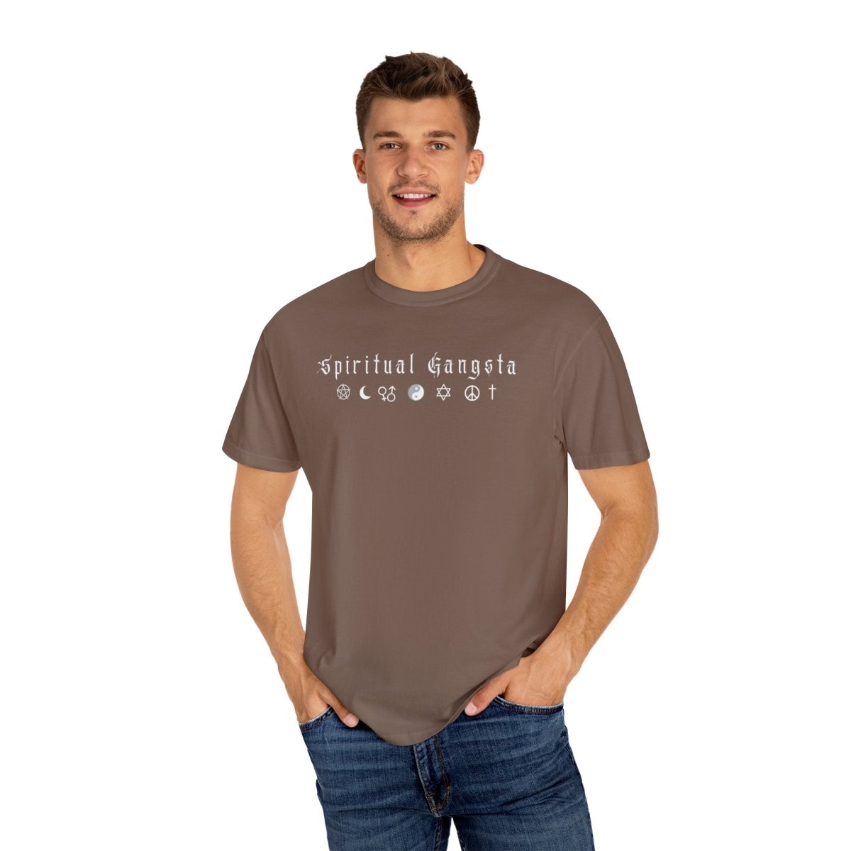 Spiritual Gangsta Tee — Earthy Brown Graphic T‑Shirt with Faith & Astrology Icons - The Mystical Moon Online Store
