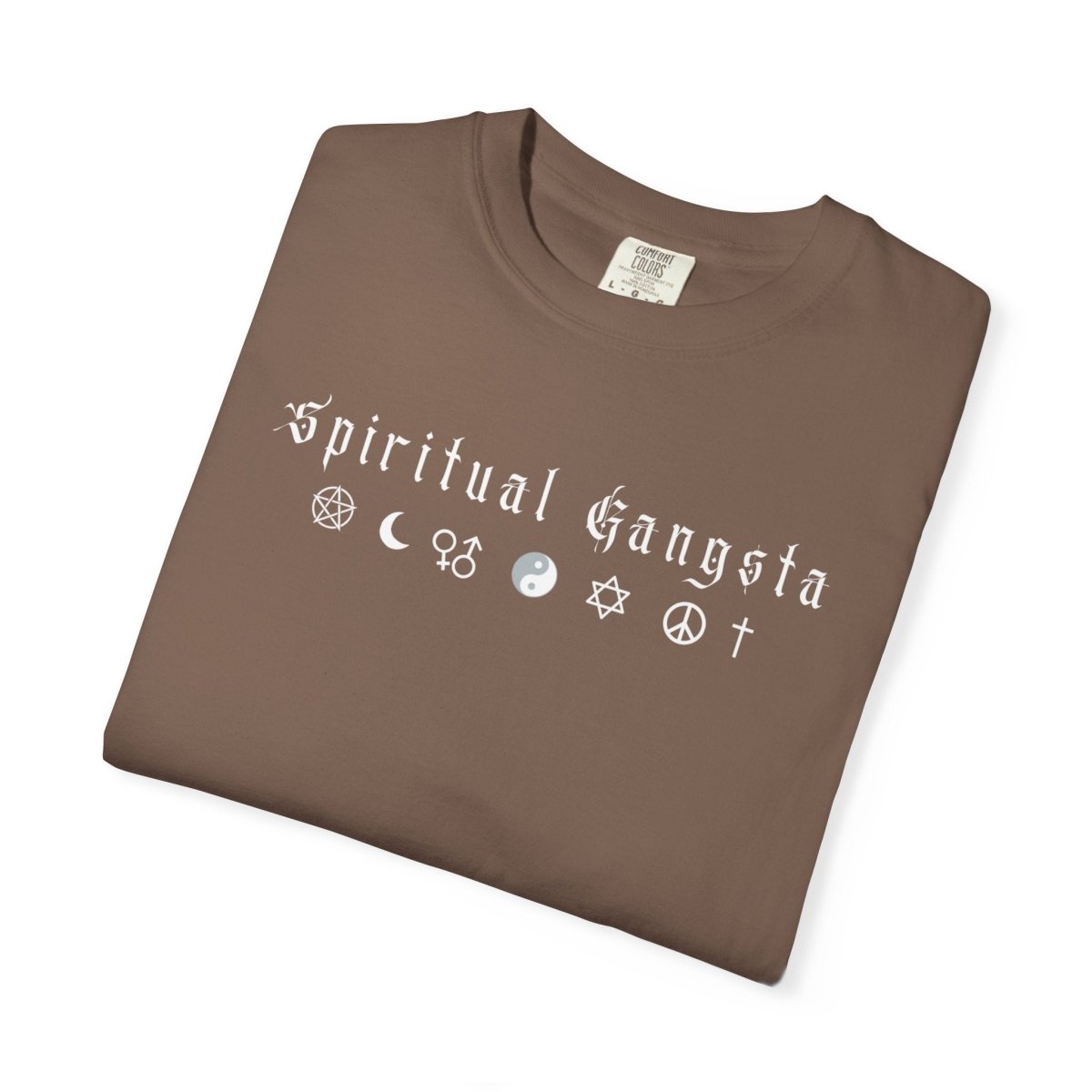 Spiritual Gangsta Tee — Earthy Brown Graphic T‑Shirt with Faith & Astrology Icons - The Mystical Moon Online Store