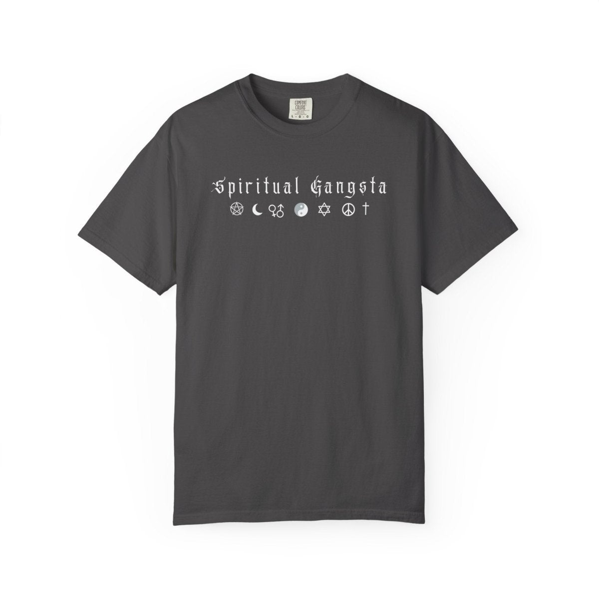 Spiritual Gangsta Tee — Earthy Brown Graphic T‑Shirt with Faith & Astrology Icons - The Mystical Moon Online Store