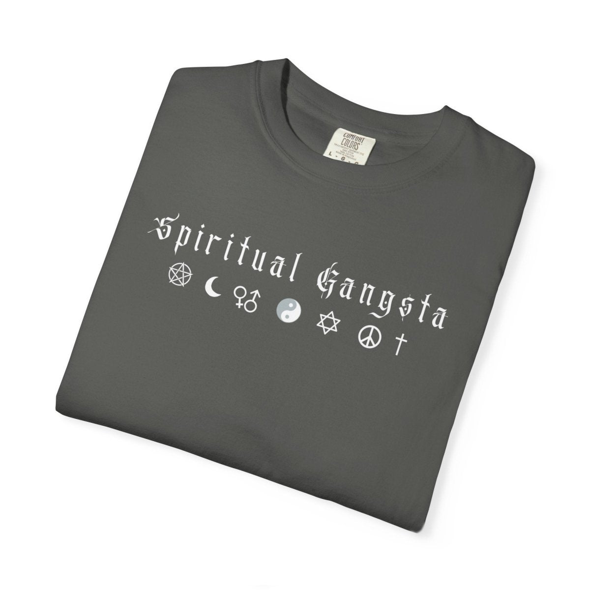 Spiritual Gangsta Tee — Earthy Brown Graphic T‑Shirt with Faith & Astrology Icons - The Mystical Moon Online Store