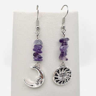 Sun Moon Natural Gravel Asymmetric Pendant Earrings - MS/CS - The Mystical Moon