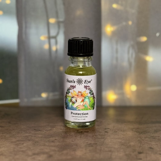 Bottle of 'Sun's Eye' Protection perfume on a wooden surface with a blurred background