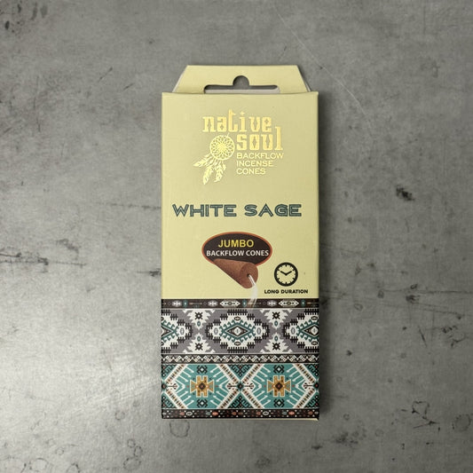 Packaging of Native Soul White Sage backflow incense cones on a gray background