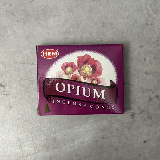 Box of HEM Opium Incense Cones on a gray surface