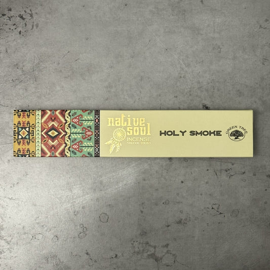 Green Tree Native Soul Holy Smoke Incense packaging on a gray surface