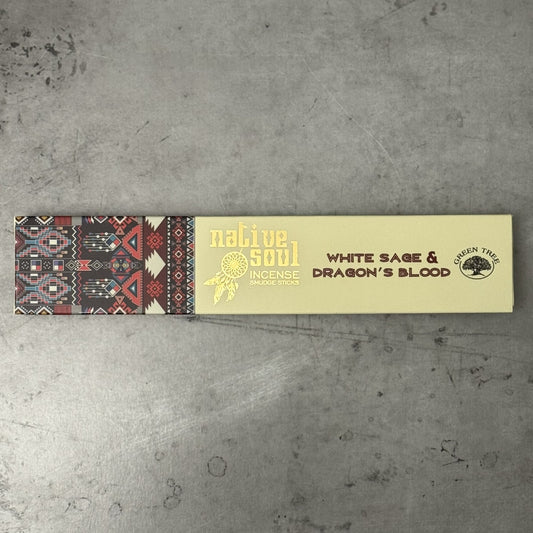 Native Soul White Sage & Dragon's Blood incense packaging on a textured gray surface