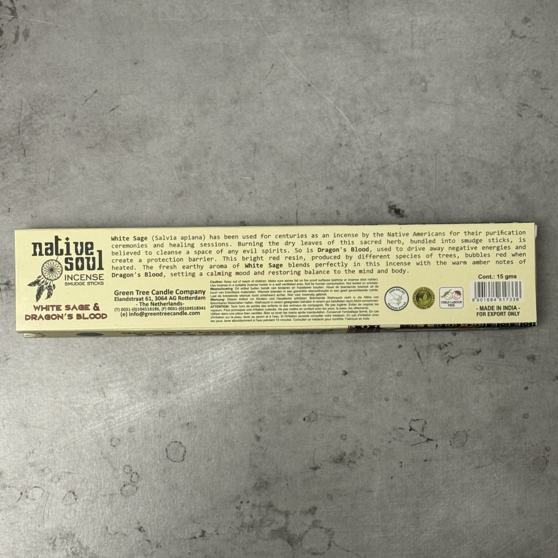 Native Soul White Sage & Dragon's Blood incense packaging on a gray surface
