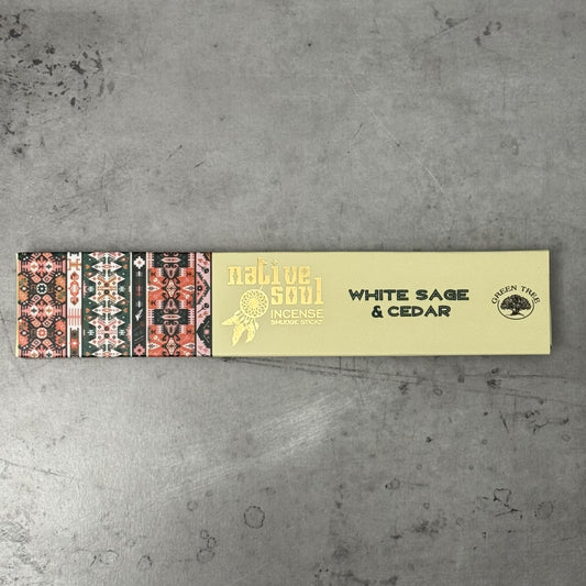 Incense packaging with 'Native Soul' White Sage & Cedar branding on a gray surface
